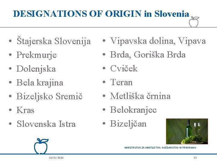 DESIGNATIONS OF ORIGIN in Slovenia • • Štajerska Slovenija Prekmurje Dolenjska Bela krajina Bizeljsko