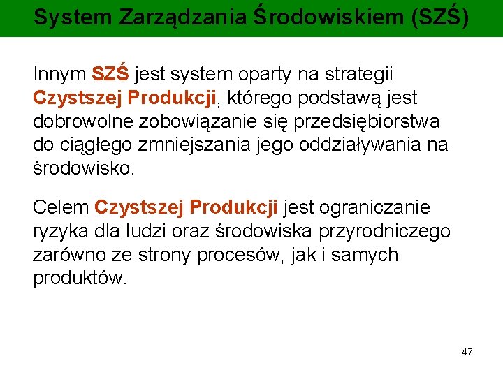 System Zarządzania Środowiskiem (SZŚ) Innym SZŚ jest system oparty na strategii Czystszej Produkcji, którego