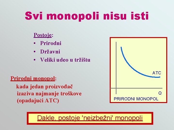 Svi monopoli nisu isti Postoje: • Prirodni • Državni • Veliki udeo u tržištu