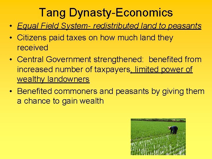 Tang Dynasty-Economics • Equal Field System- redistributed land to peasants • Citizens paid taxes