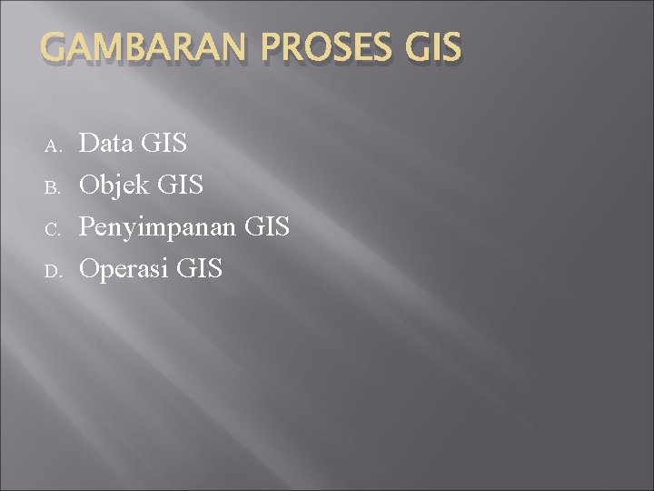 GAMBARAN PROSES GIS A. B. C. D. Data GIS Objek GIS Penyimpanan GIS Operasi
