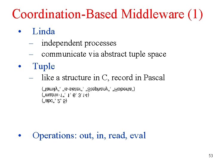 Coordination-Based Middleware (1) • Linda – independent processes – communicate via abstract tuple space