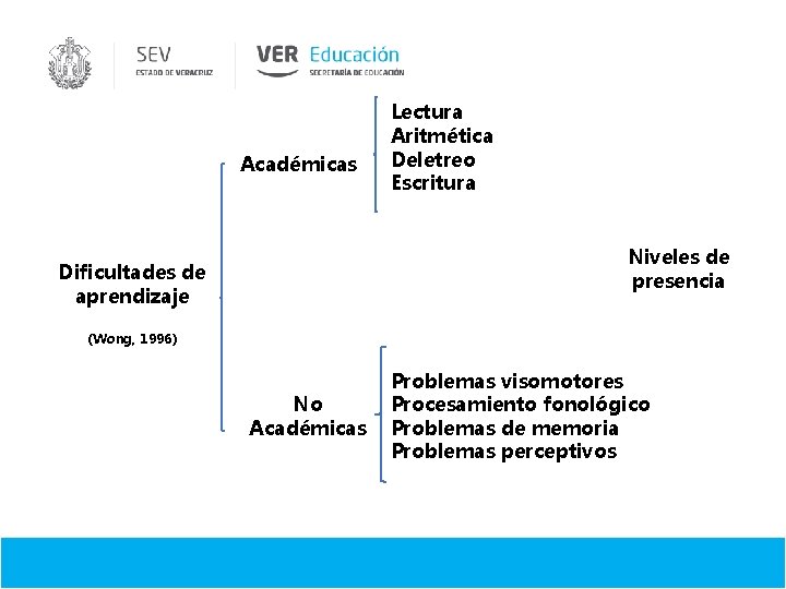 Académicas Lectura Aritmética Deletreo Escritura Niveles de presencia Dificultades de aprendizaje (Wong, 1996) No