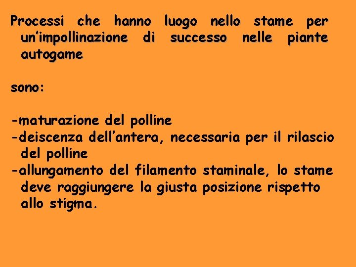 Processi che hanno luogo nello stame per un’impollinazione di successo nelle piante autogame sono: