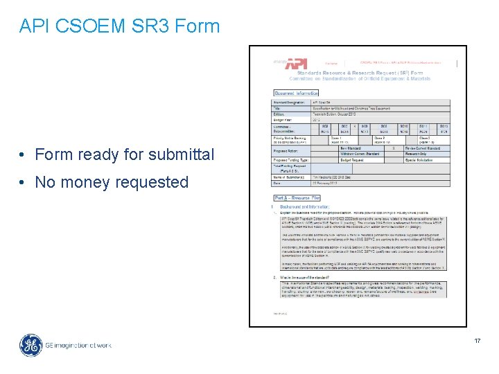API CSOEM SR 3 Form • Form ready for submittal • No money requested