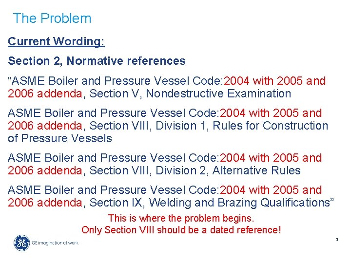 The Problem Current Wording: Section 2, Normative references “ASME Boiler and Pressure Vessel Code: