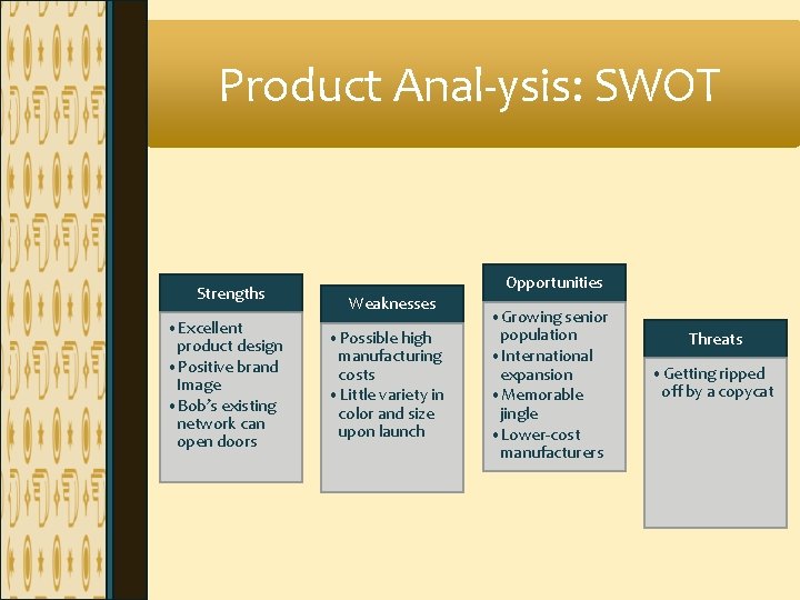 Product Anal-ysis: SWOT Strengths • Excellent product design • Positive brand Image • Bob’s Product Anal-ysis: SWOT Strengths • Excellent product design • Positive brand Image • Bob’s