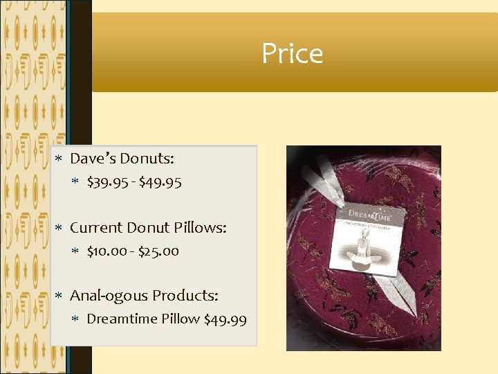 Price Dave’s Donuts: $39. 95 - $49. 95 Current Donut Pillows: $10. 00 - Price Dave’s Donuts: $39. 95 - $49. 95 Current Donut Pillows: $10. 00 -