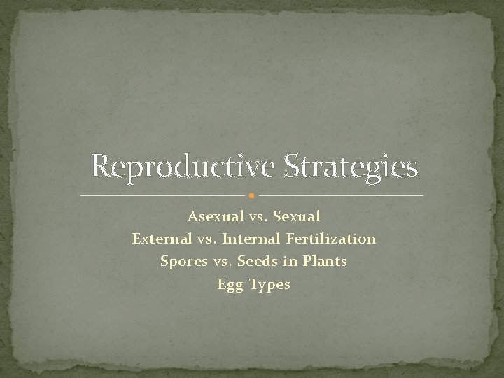 Reproductive Strategies Asexual vs. Sexual External vs. Internal Fertilization Spores vs. Seeds in Plants