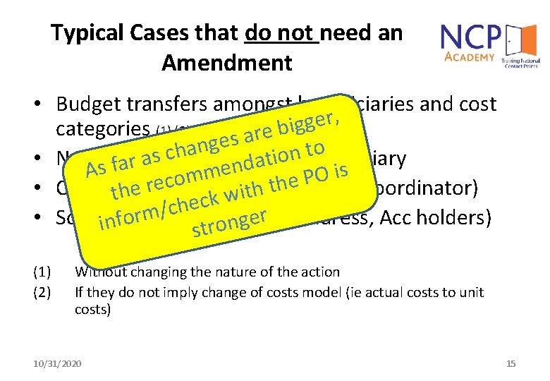 Typical Cases that do not need an Amendment • Budget transfers amongst beneficiaries and