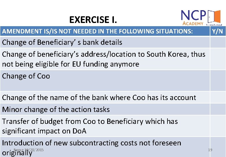 EXERCISE I. AMENDMENT IS/IS NOT NEEDED IN THE FOLLOWING SITUATIONS: Y/N Change of Beneficiary’