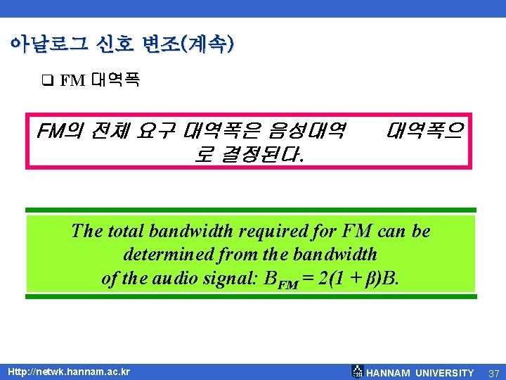 아날로그 신호 변조(계속) q FM 대역폭 FM의 전체 요구 대역폭은 음성대역 로 결정된다. 대역폭으