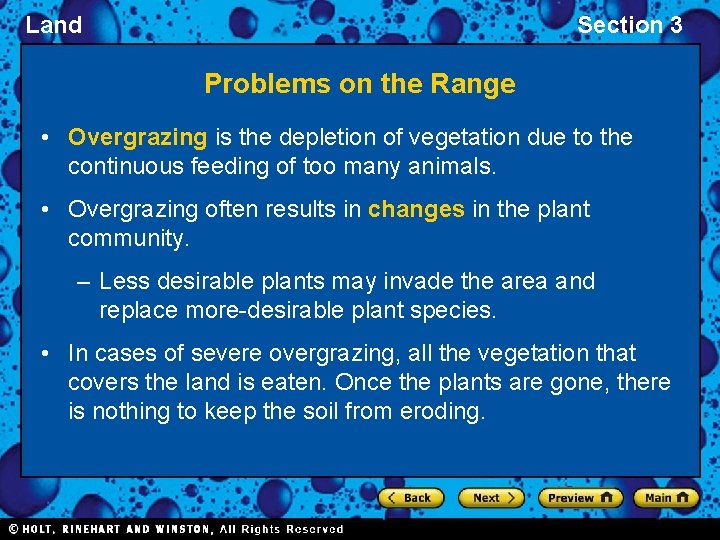 Land Section 3 Problems on the Range • Overgrazing is the depletion of vegetation