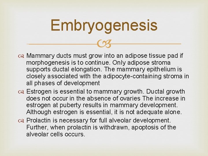 Embryogenesis Mammary ducts must grow into an adipose tissue pad if morphogenesis is to