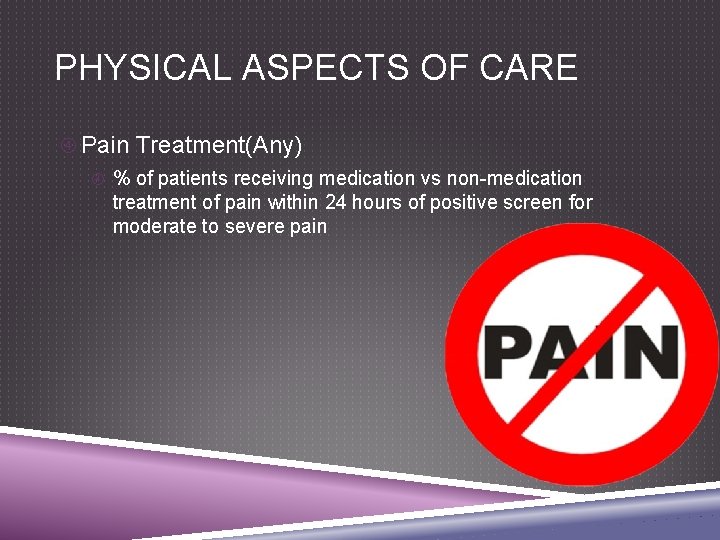 PHYSICAL ASPECTS OF CARE Pain Treatment(Any) % of patients receiving medication vs non-medication treatment