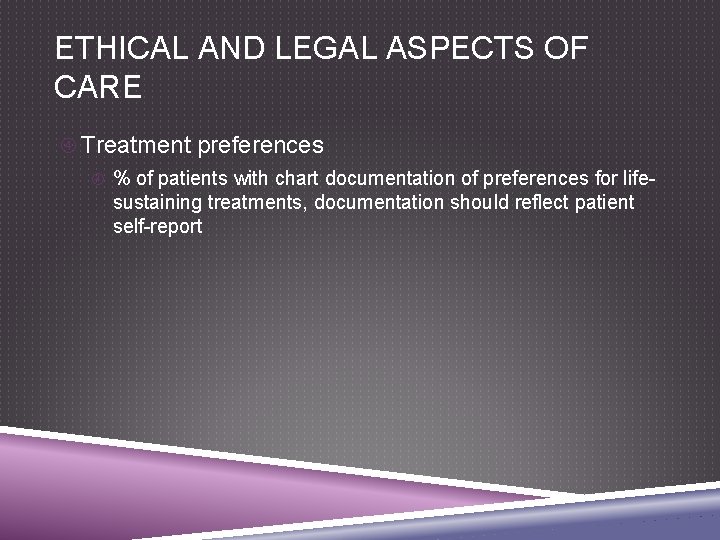 ETHICAL AND LEGAL ASPECTS OF CARE Treatment preferences % of patients with chart documentation