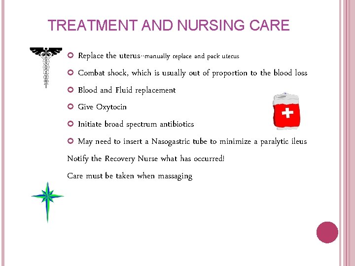 TREATMENT AND NURSING CARE Replace the uterus--manually replace and pack uterus Combat shock, which TREATMENT AND NURSING CARE Replace the uterus--manually replace and pack uterus Combat shock, which
