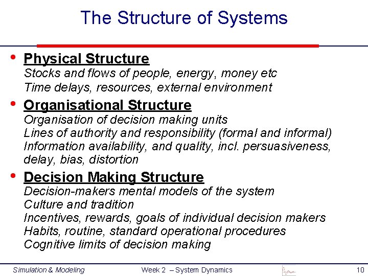 The Structure of Systems • Physical Structure • Organisational Structure • Stocks and flows