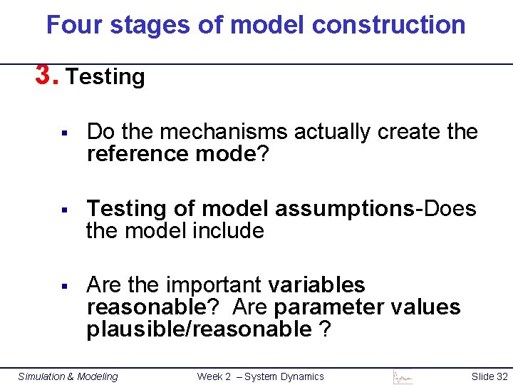 Four stages of model construction 3. Testing § Do the mechanisms actually create the