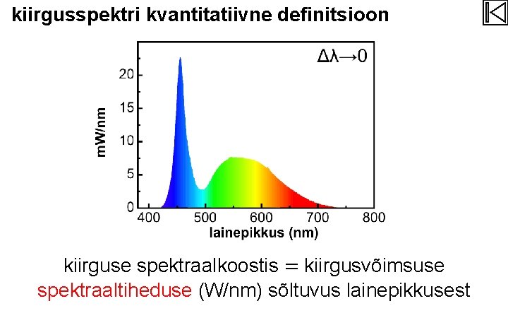 kiirgusspektri kvantitatiivne definitsioon kiirguse spektraalkoostis = kiirgusvõimsuse spektraaltiheduse (W/nm) sõltuvus lainepikkusest 