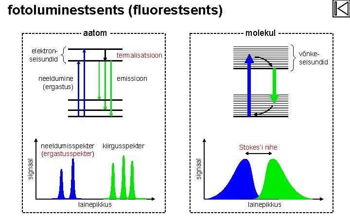 fotoluminestsents (fluorestsents) aatom elektronseisundid molekul võnkeseisundid termalisatsioon neeldumine (ergastus) emissioon kiirgusspekter Stokes’i nihe signaal