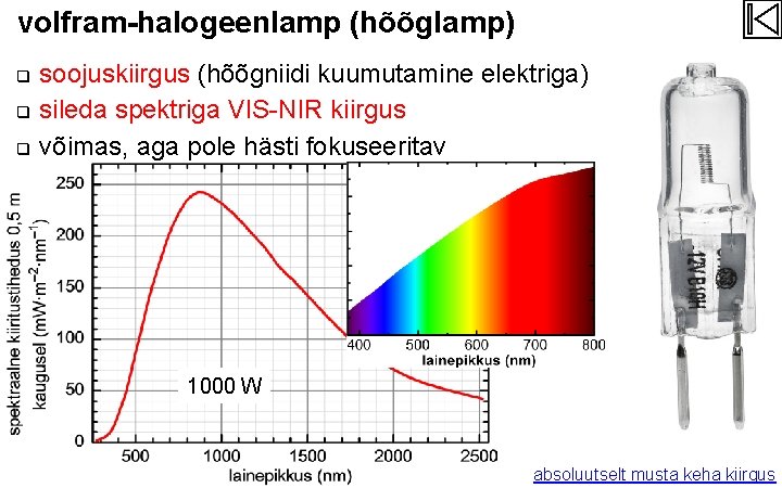 volfram-halogeenlamp (hõõglamp) q q q soojuskiirgus (hõõgniidi kuumutamine elektriga) sileda spektriga VIS-NIR kiirgus võimas,