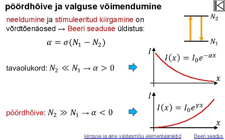 pöördhõive ja valguse võimendumine neeldumine ja stimuleeritud kiirgamine on võrdtõenäosed → Beeri seaduse üldistus: