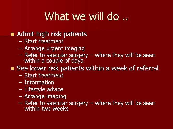 What we will do. . n Admit high risk patients n See lower risk