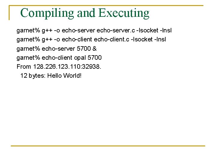 Compiling and Executing garnet% g++ -o echo-server. c -lsocket -lnsl garnet% g++ -o echo-client.