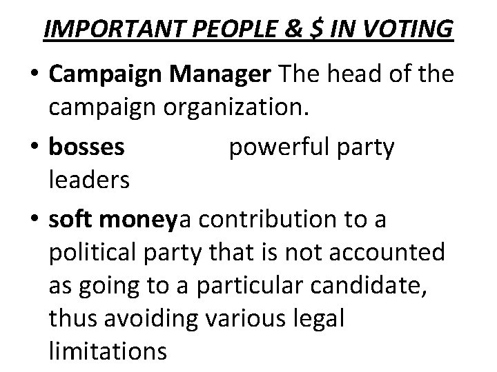 IMPORTANT PEOPLE & $ IN VOTING • Campaign Manager The head of the campaign