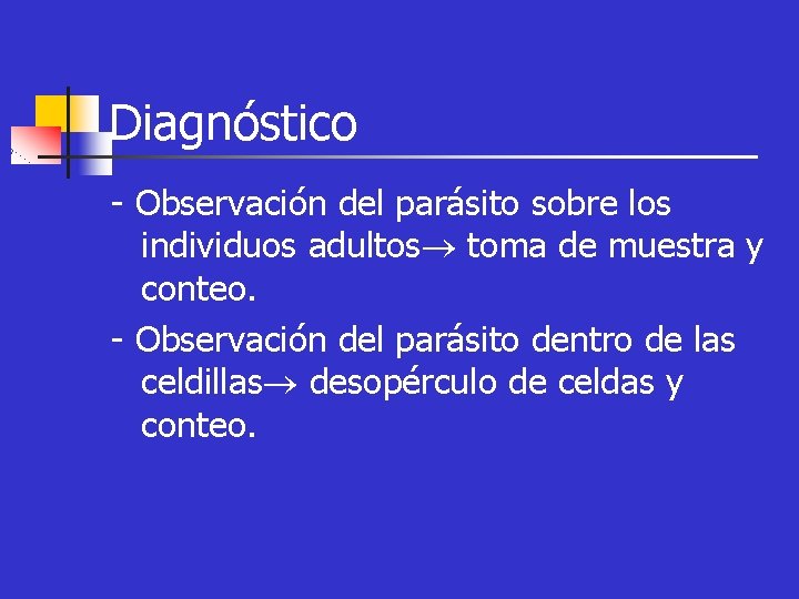 Diagnóstico - Observación del parásito sobre los individuos adultos toma de muestra y conteo.