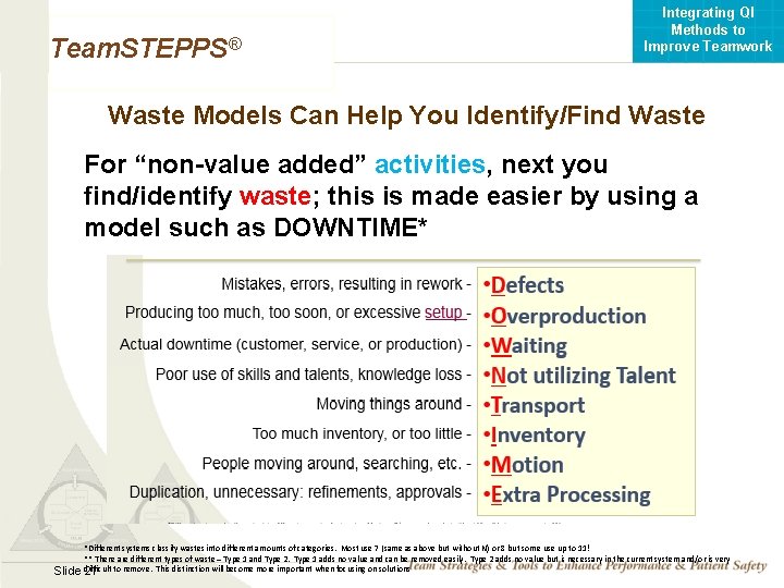Team. STEPPS® Integrating QI Methods to Improve Teamwork Waste Models Can Help You Identify/Find