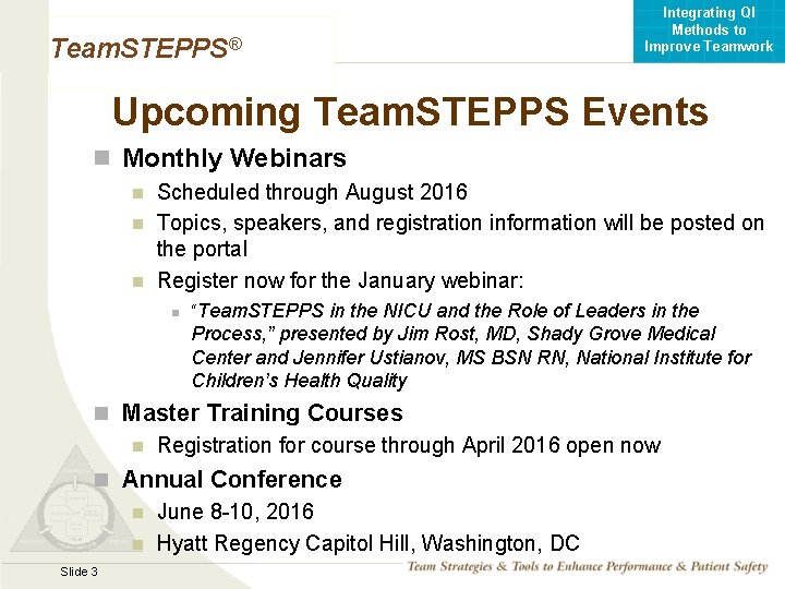 Integrating QI Methods to Improve Teamwork Team. STEPPS® Upcoming Team. STEPPS Events n Monthly