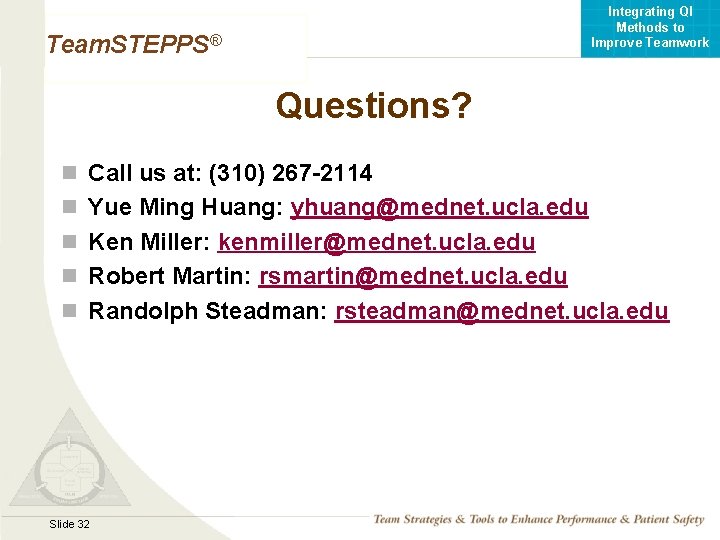 Integrating QI Methods to Improve Teamwork Team. STEPPS® Questions? n Call us at: (310)