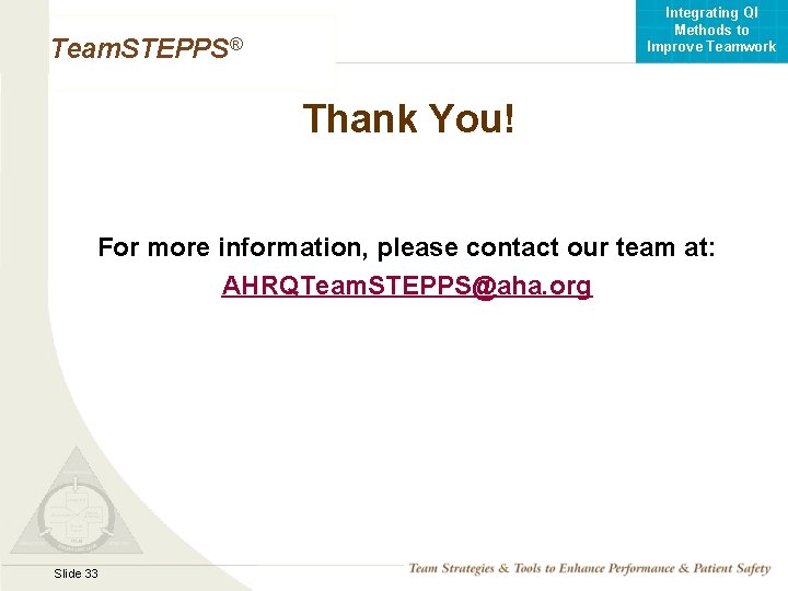 Integrating QI Methods to Improve Teamwork Team. STEPPS® Thank You! For more information, please