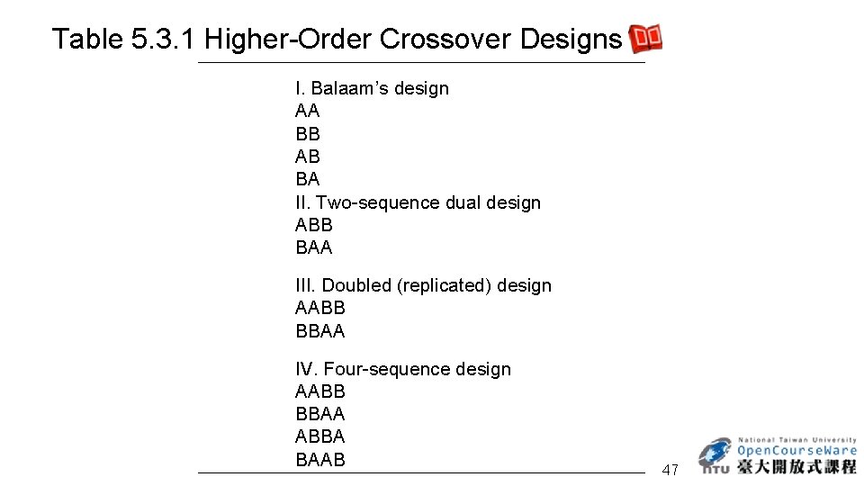 Table 5. 3. 1 Higher-Order Crossover Designs I. Balaam’s design AA BB AB BA