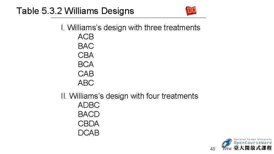 Table 5. 3. 2 Williams Designs I. Williams’s design with three treatments ACB BAC