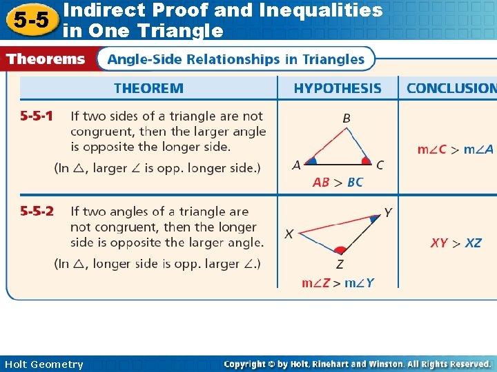 Indirect Proof and Inequalities 5 -5 in One Triangle Holt Geometry 