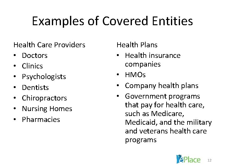 Examples of Covered Entities Health Care Providers • Doctors • Clinics • Psychologists •