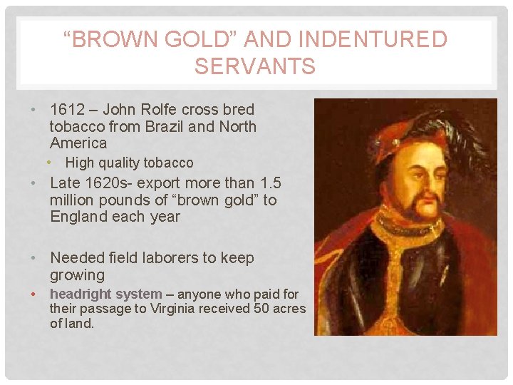 “BROWN GOLD” AND INDENTURED SERVANTS • 1612 – John Rolfe cross bred tobacco from