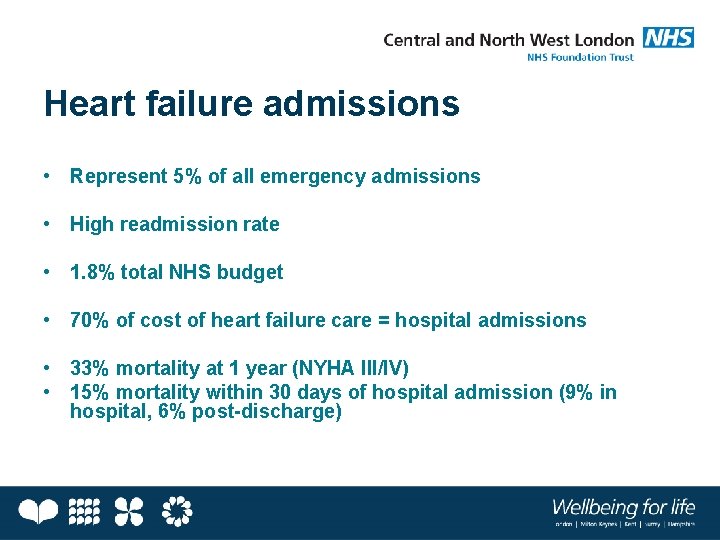 Heart failure admissions • Represent 5% of all emergency admissions • High readmission rate