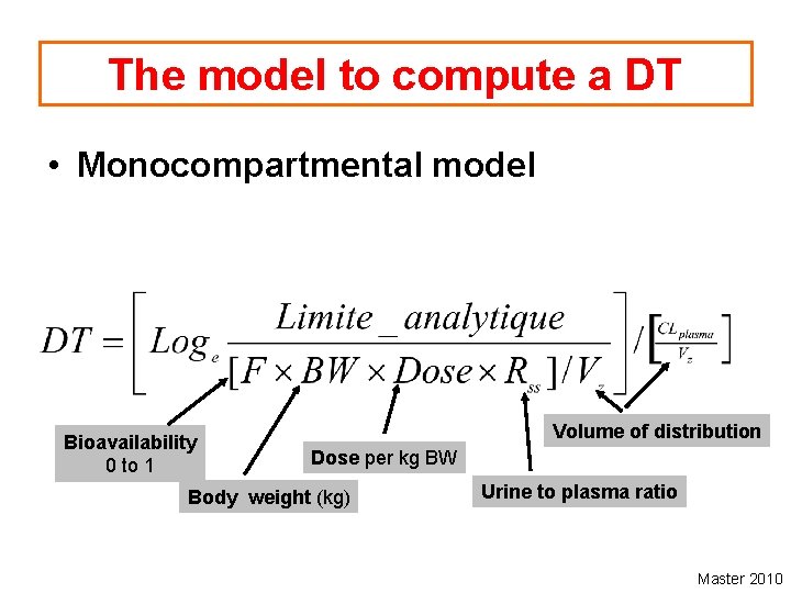 The model to compute a DT • Monocompartmental model Bioavailability 0 to 1 Volume