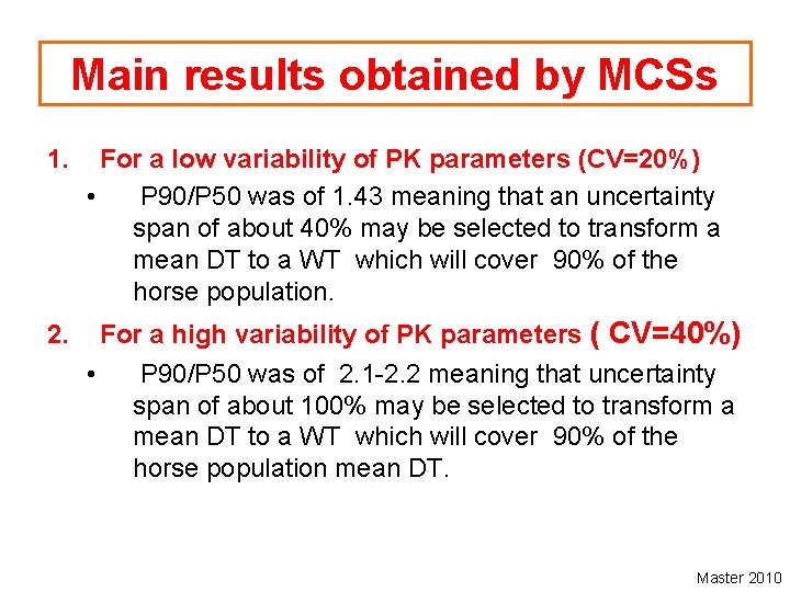 Main results obtained by MCSs 1. For a low variability of PK parameters (CV=20%)