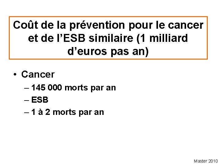 Coût de la prévention pour le cancer et de l’ESB similaire (1 milliard d’euros