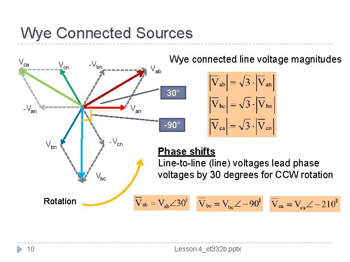 Wye Connected Sources Vca Vcn -Vbn Vab Wye connected line voltage magnitudes 30° Van