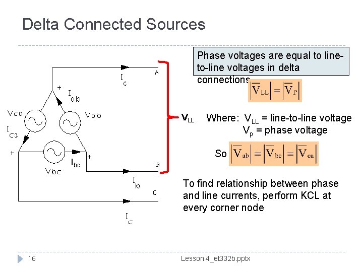 Delta Connected Sources Phase voltages are equal to lineto-line voltages in delta connections Vp
