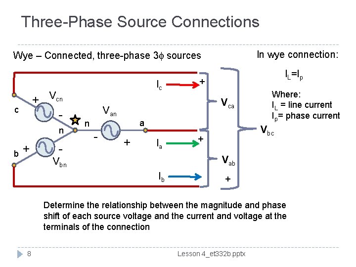 Three-Phase Source Connections In wye connection: Wye – Connected, three-phase 3 f sources +