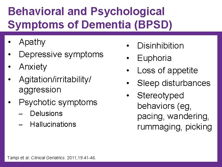 Behavioral and Psychological Symptoms of Dementia (BPSD) • • Apathy Depressive symptoms Anxiety Agitation/irritability/