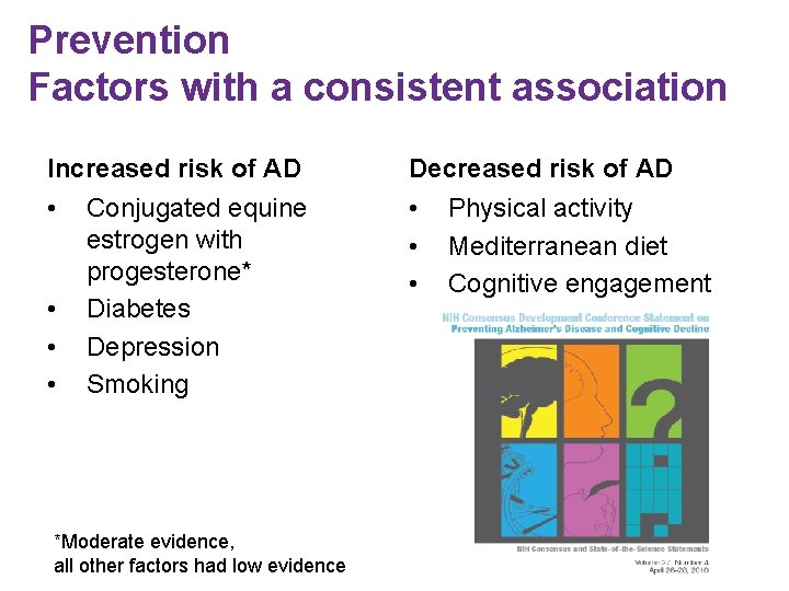 Prevention Factors with a consistent association Increased risk of AD Decreased risk of AD