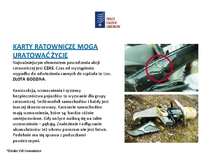 KARTY RATOWNICZE MOGĄ URATOWAĆ ŻYCIE Najważniejszym elementem powodzenia akcji ratowniczej jest CZAS. Czas od